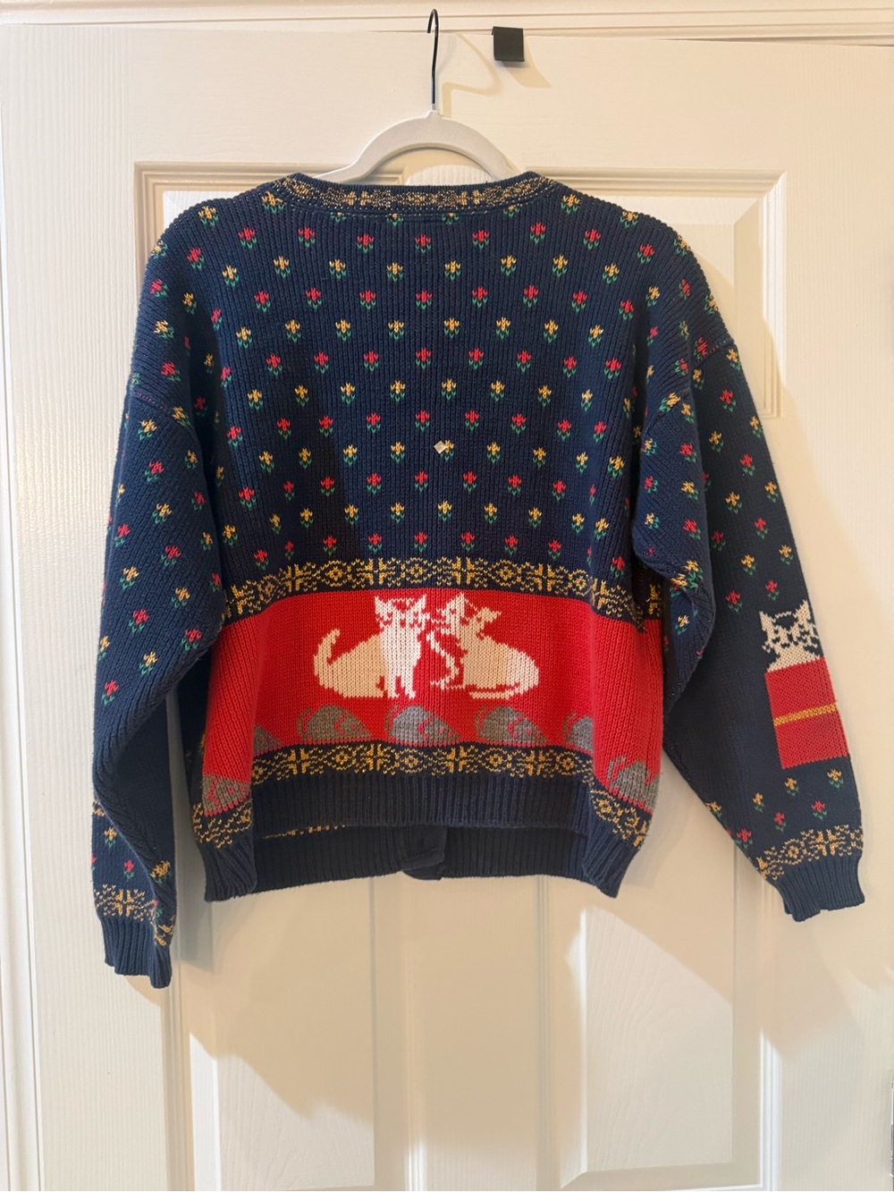 Vintage Sweater Loft Christmas Navy & Red Cat Patchwork Cardigan Sweater - Picture 2 of 10
